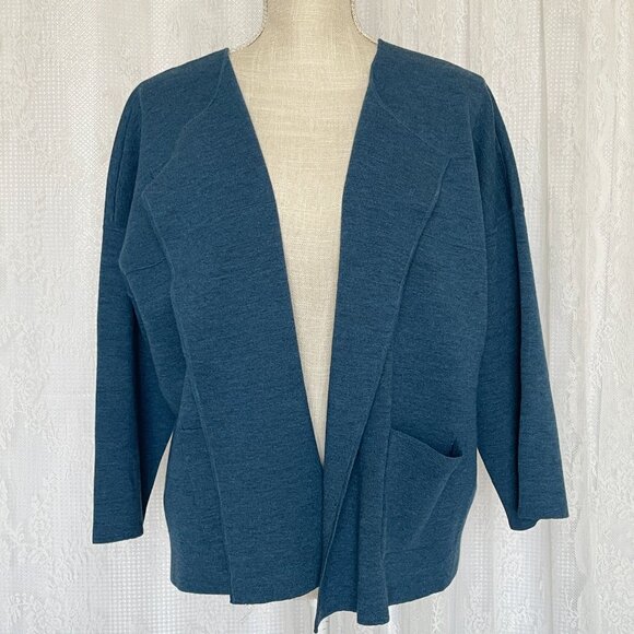 Eileen Fisher Women's Cardigan XL Wool Blue Open Front Boxy 3/4 Sleeve *FLAWS* - Picture 1 of 9